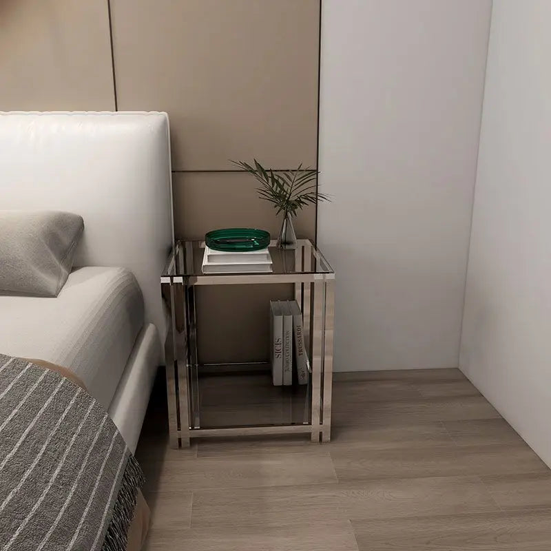 Afralia™ Stainless Steel Glass Coffee Table Sofa Side Light Luxury Modern Bedside Cabinet Small Coffee Table