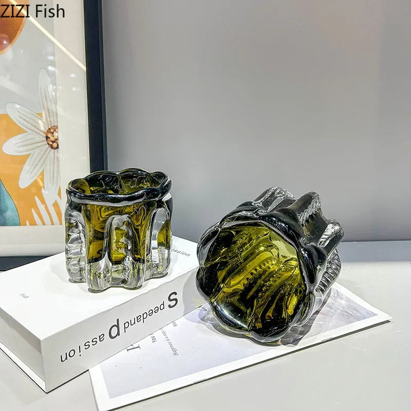 Afralia™ Forest Green Glass Vase Wrinkled Flower Pots Desk Decoration Aesthetic Floral Vases