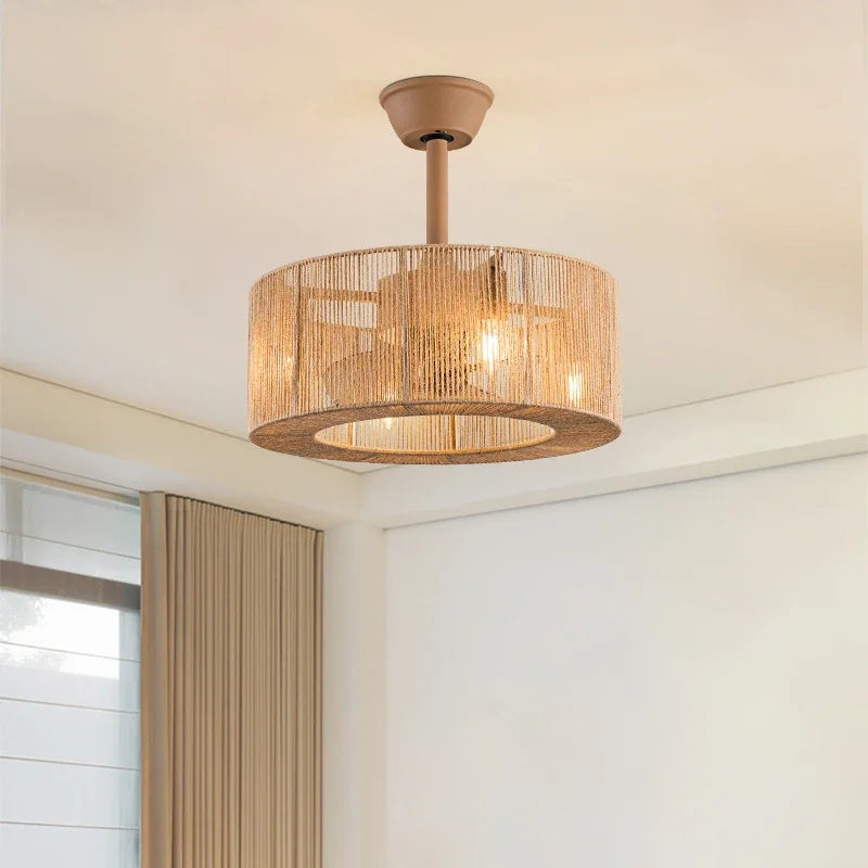 Afralia™ Braided Rope Lantern Ceiling Fan Light: Reversible, Dimmable, 6-Speed Home Decor