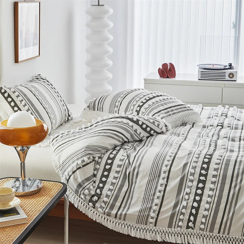 Afralia™ Striped Furball Double Duvet Cover Set: King/Queen Size Bedding with Tassels