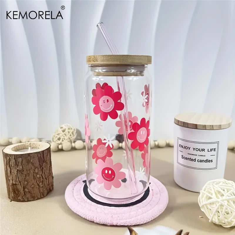 Afralia™ 470ML Pink Smiling Flower Theme Beverage Glass - Set of 1/2/4