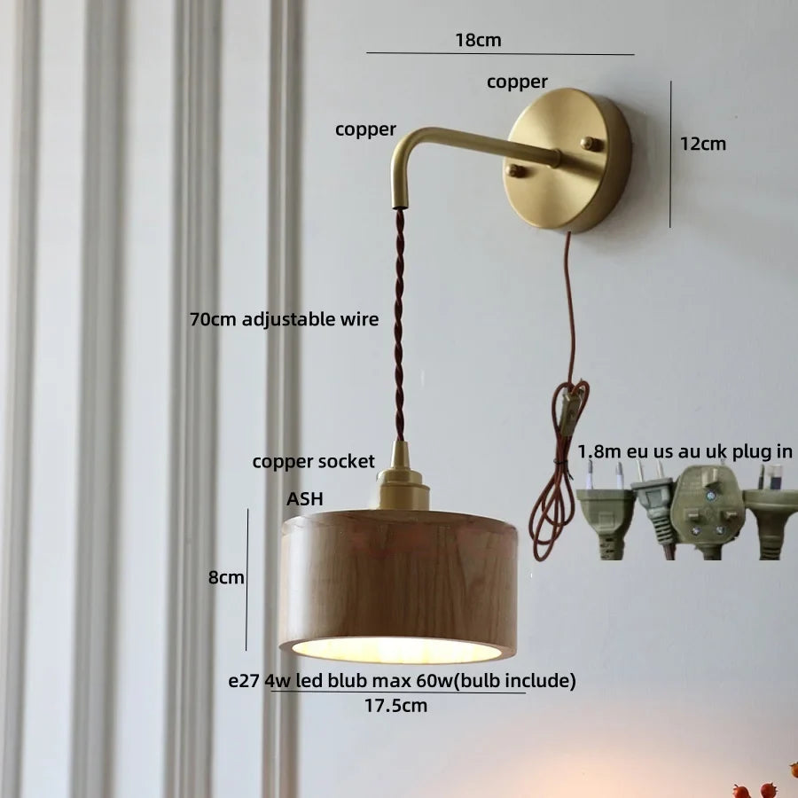 Afralia™ Ash Wood LED Wall Lamp with Pull Chain Switch for Home Decor