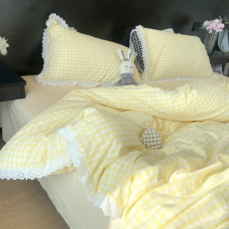 Afralia™ Vintage Lace Cotton Quilt Cover Set, Plaid Design, Black & White, 4Pcs