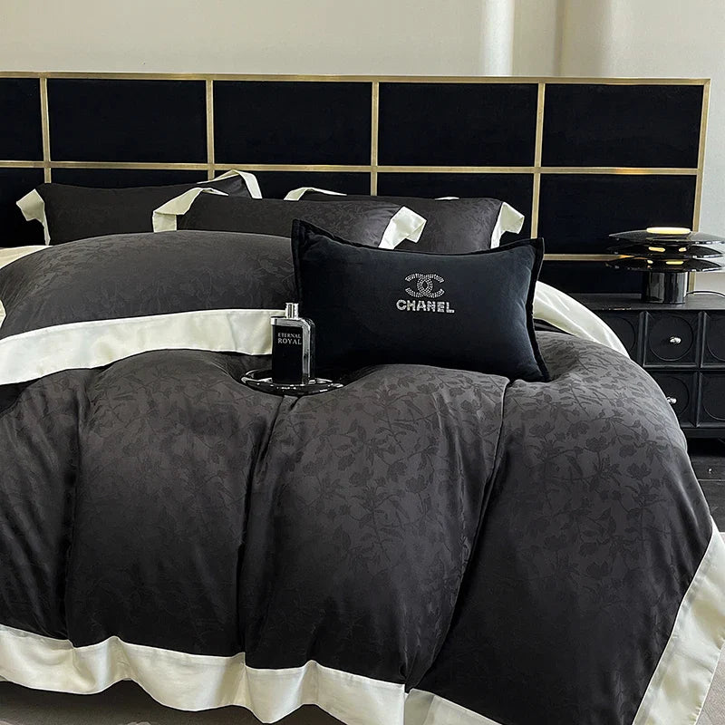 Afralia™ Luxury Black Jacquard Cotton Bedding Set with Silky Soft Texture