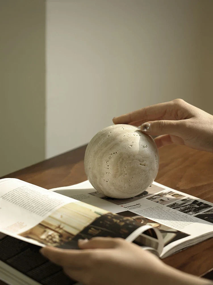 Afralia™ Marble Stone Ball Decor Table Shelf Vintage Travertine Sphere Sculpture