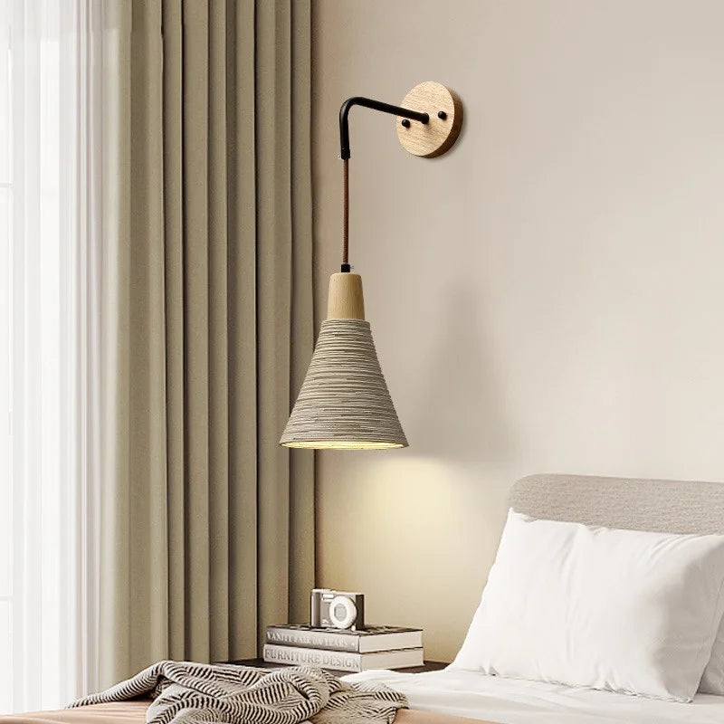 Afralia™ Nordic LED Wall Light Living Dining Room Sconce Wood Pull Chain Cement Lampshade