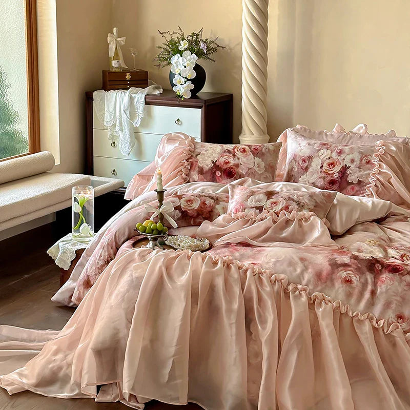 Afralia™ Romantic Rose Organza Lace Ruffles Bedding Set with Soft Silky Feel