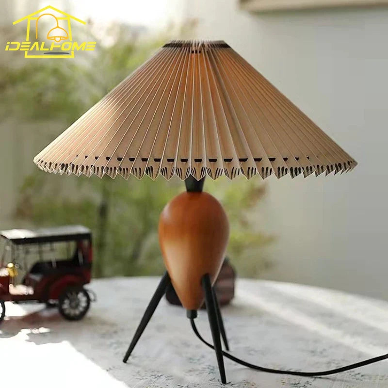 Afralia™ Bauhaus Pleated Wood Table Lamp LED E27 Solid Fabric Desk Light