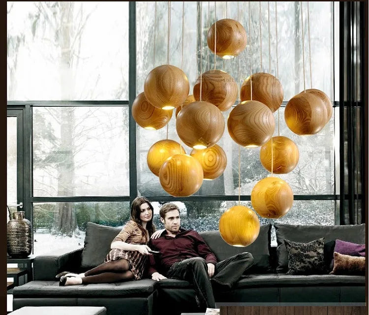 Afralia™ Wooden Ball LED Staircase Chandelier for Home & Hospitality