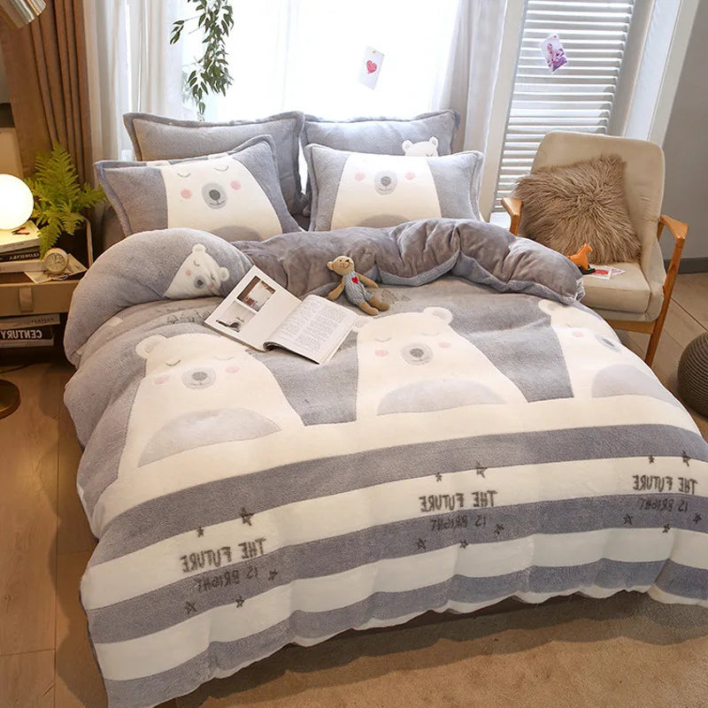 Afralia™ Flower Print Thicken Winter Warm Bedding Set with Sheet Pillowcases