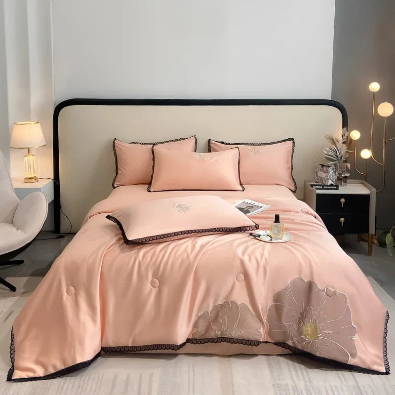 Afralia™ Luxe Flower Embroidered Cool Quilt Set - Lightweight, Silky, High-End Comfort