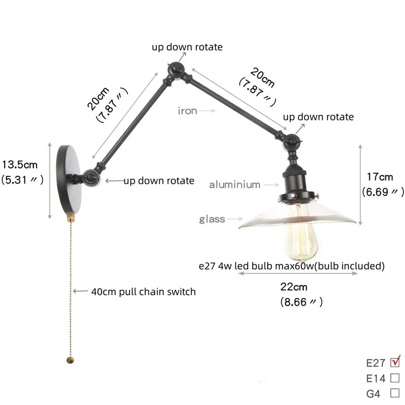 Afralia™ Industrial Loft Swing Arm Wall Sconce Clear Glass Pull Chain Switch Bedside Lamp