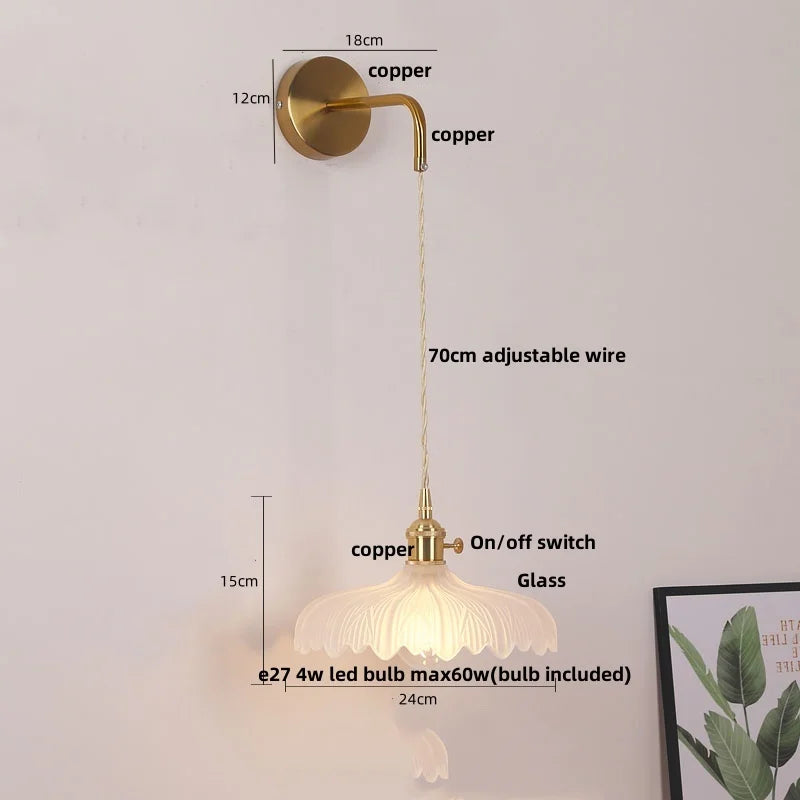 Afralia™ Copper LED Glass Wall Sconce with Pull Chain Switch for Living Dining Room