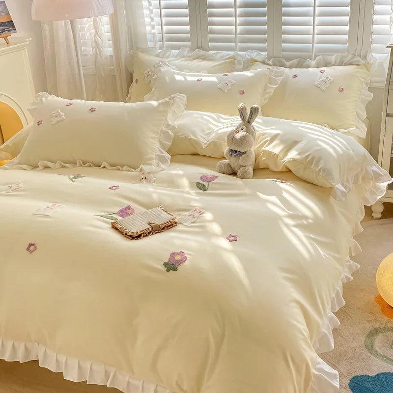 Afralia™ Cartoon Princess Embroidered Cotton Bedding Set for Adult Girls