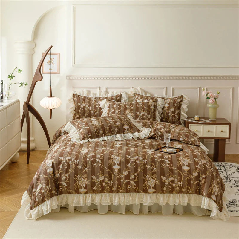 Afralia™ French Country Flowers Print Bedding Set with Lace Ruffles