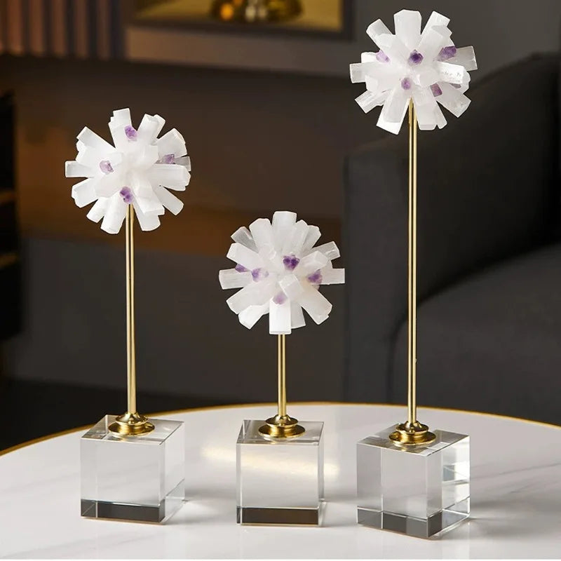 Afralia™ Crystal Flower Glass Craft Hyalinite Sculpture Metal Decorative Figurine