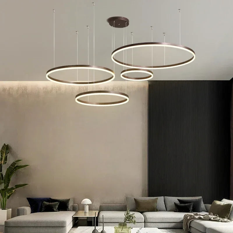Afralia™ Brushed Rings LED Pendant Chandelier in Gold Coffee Color