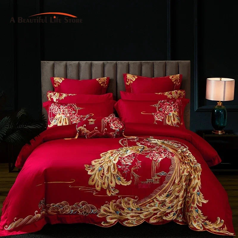 Afralia™ Luxury Gold Phoenix Embroidery Bedding Set, Red Chinese Wedding Style