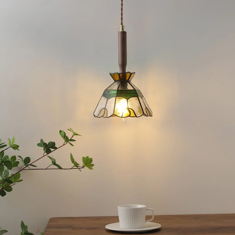 Afralia™ Tiffany Style Glass LED Pendant Lights with Walnut Wood and Adjustable Wire