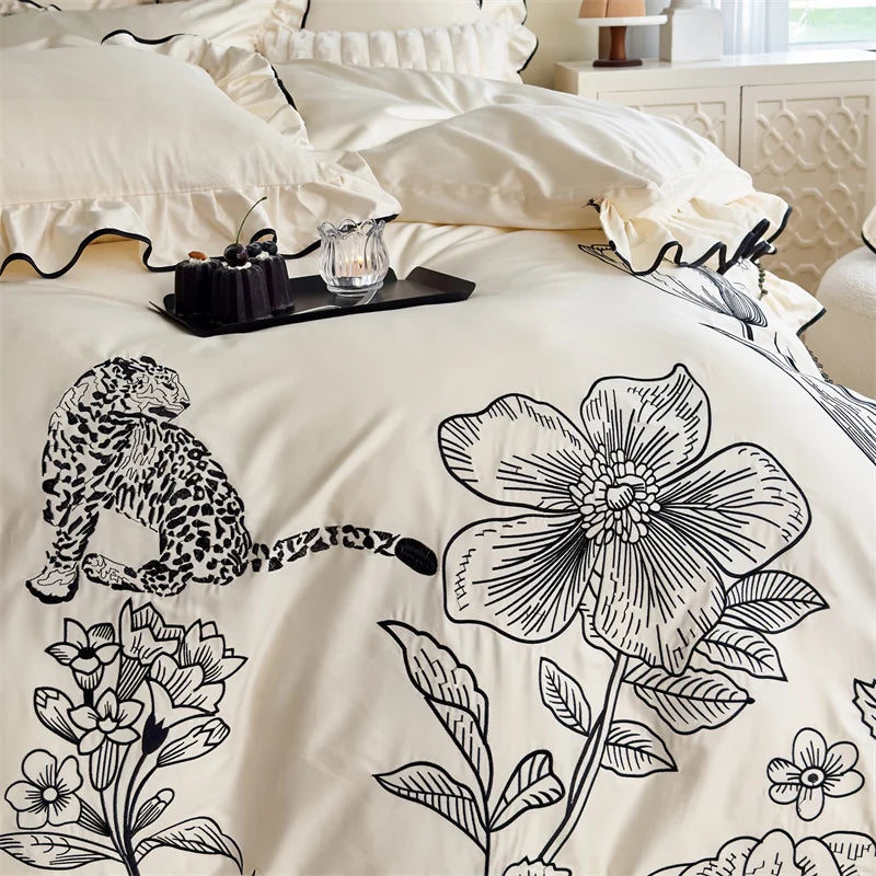 Afralia™ Vintage Flowers Leopard Print Ruffles Bedding Set in 100S Egyptian Cotton