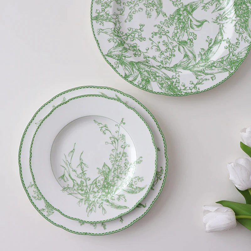 Afralia™ Lily Of The Valley Porcelain Plates, Medieval Pastoral Tableware, Green Dining Collection