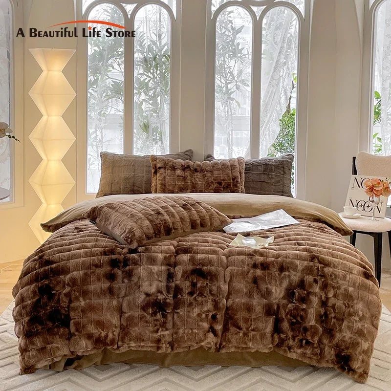 Afralia™ Velvet Fleece Bedding Set: Duvet Cover, Blanket, Sheet, Pillowcases in Caramel Brown Fur