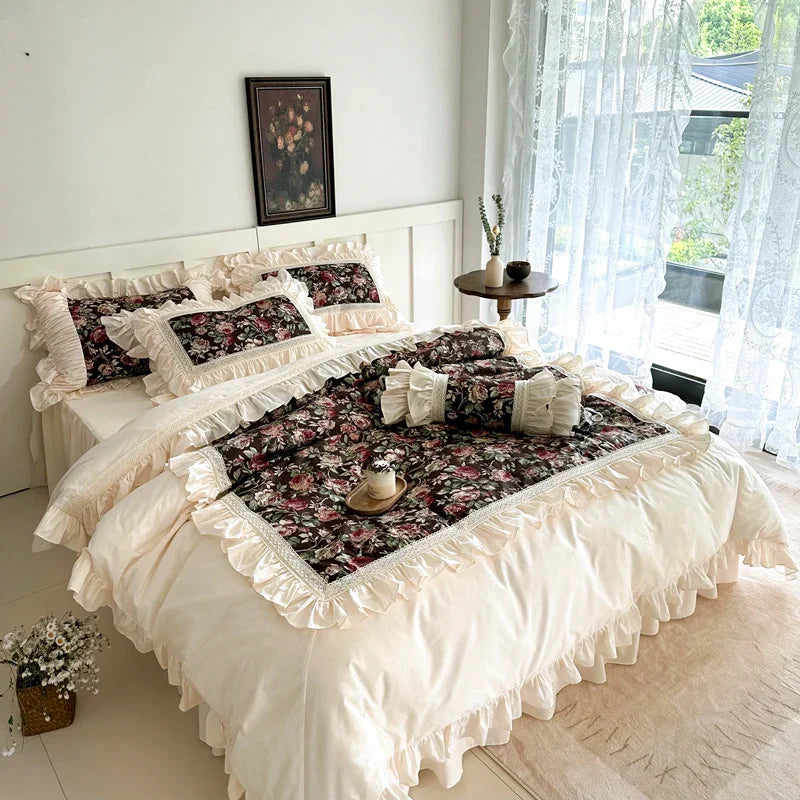 Afralia™ French Rose Flowers Pattern Bedding Set, 100% Cotton, Ruffles, Duvet Cover, Bed Skirt