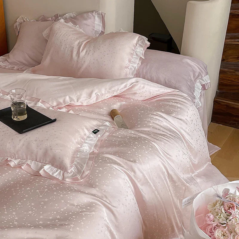 Afralia™ Pink Lyocell Silky Princess Bedding Set with Ruffles and Jacquard Design
