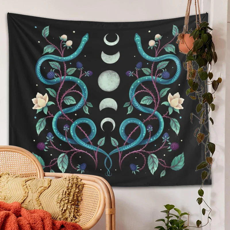 Afralia™ Serpent Moon Phase Tapestry: Aesthetic Psychedelic Wall Hanging for Home Decor