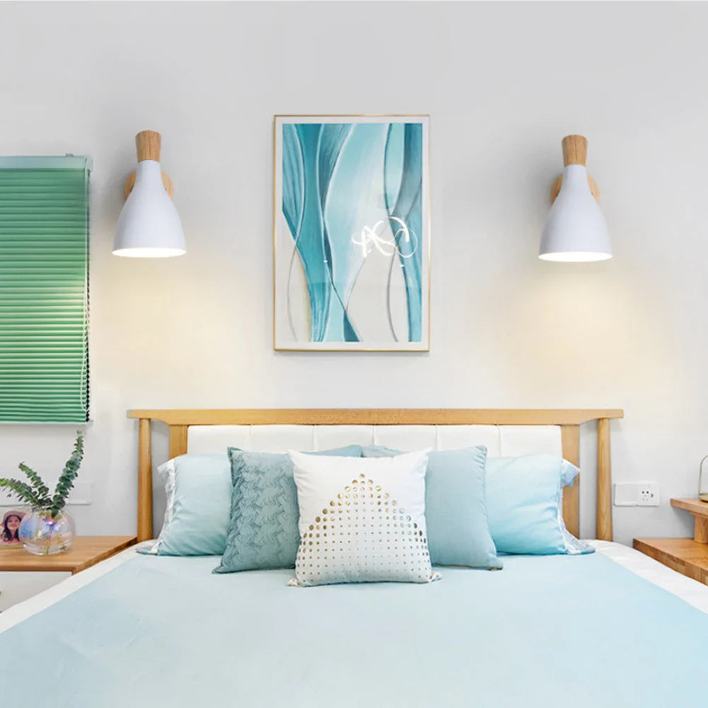 Modern Nordic Wooden Wall Lights Bedside Sconce by Afralia™ - White Lampshade, E27