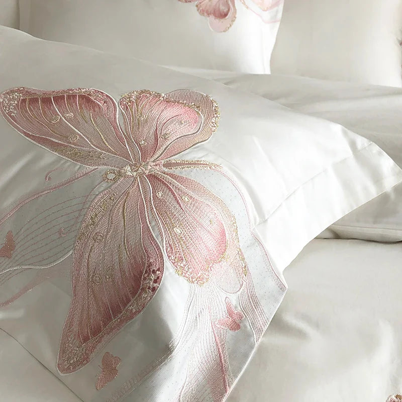 Afralia™ White Luxury Butterfly Embroidery Bedding Set - Queen King Size