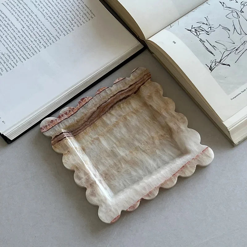 Afralia™ Marble Travertine Serving Tray Scalloped Edge Square Display Tray