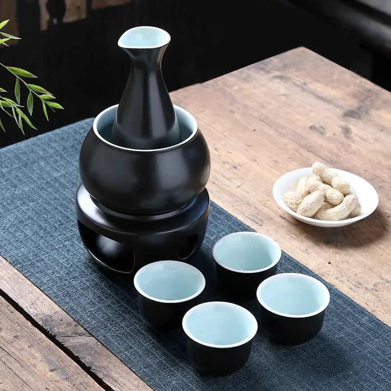 Afralia™ Sake Set: 7-Piece Ceramic Wine Kit with Carafe, Cups, Warmer, and Candle Warmer