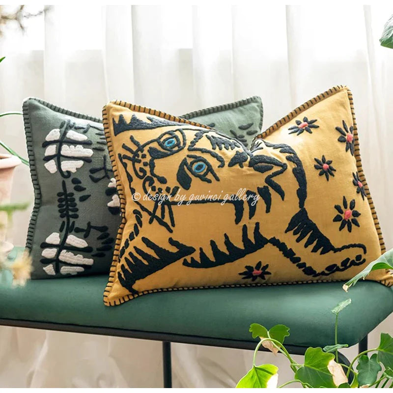 Afralia™ Tiger Embroidered Throw Pillow Covers for Sofa Bed Couch – Luxury Handmade Décor