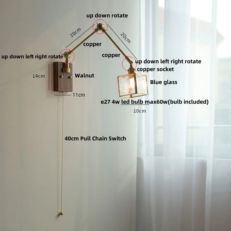 Afralia™ Ash Wood LED Swing Arm Wall Light with Pull Chain Switch & Blue Glass