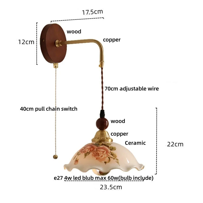 Afralia™ Ceramic LED Wall Light Copper Pull Chain Wood Base Modern Bedside Lamp
