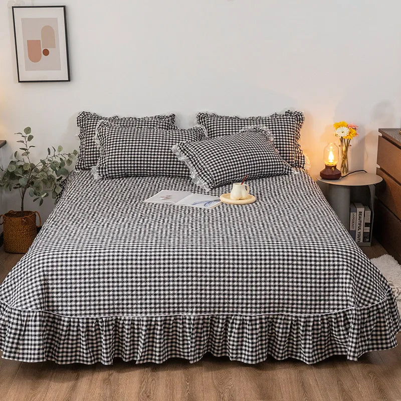 Afralia™ Cotton Plaid Stripe Ruffles Bedding Set with Lace Accents