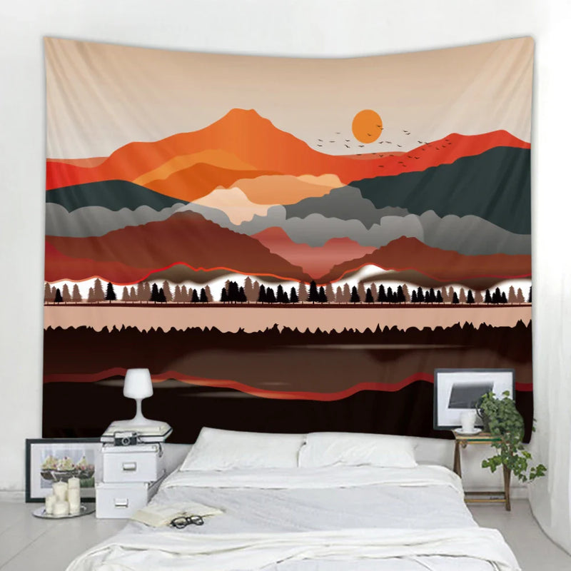 Afralia™ Nordic Mountains Sunrise Forest Tapestry: Boho Wall Decor for Home, Yoga, and More