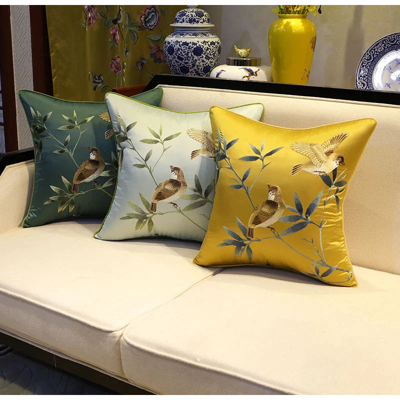 Afralia™ Birds Branches Embroidered Pillow Covers - Chinoiserie Style Chic Interiors