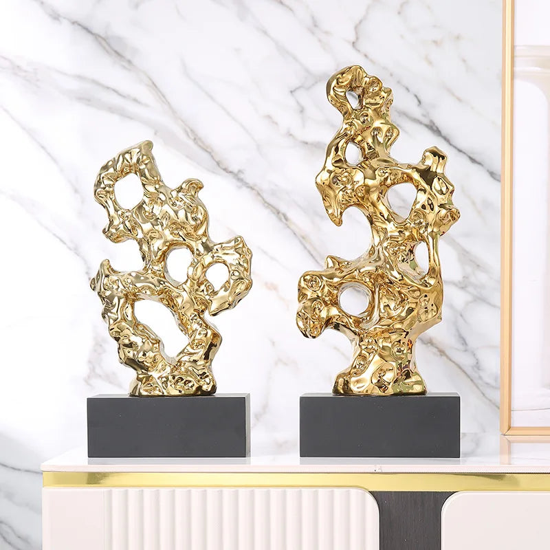 Afralia™ Gold Hollow Stone Statue Coral Sculpture Home Decor Figurines