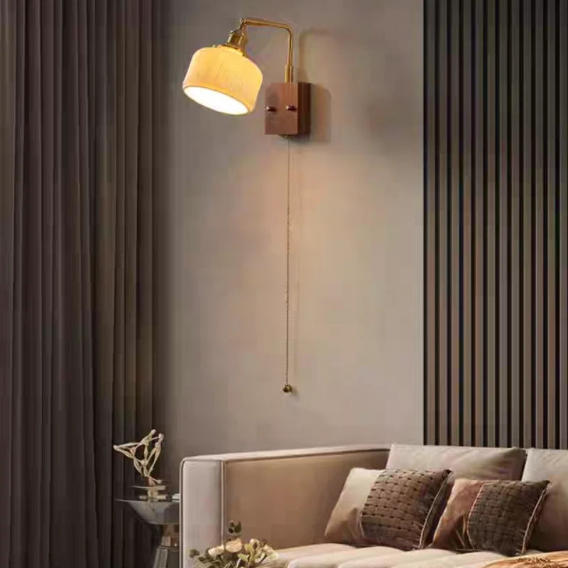 Afralia™ Ceramic LED Wall Sconce with Walnut Wood Pull Chain Switch - Nordic Style