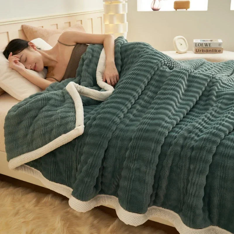 Afralia™ Cozy Rabbit Plush Blanket: Soft Striped Warm Sofa Throw, Absorbent Breathable Nap Blanket