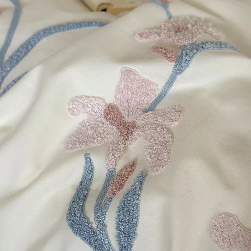 Afralia™ Elegant Flower Embroidery Cotton Bedding Set - Single Queen King Sizes