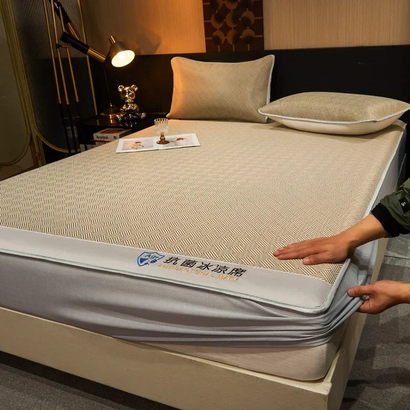 Afralia™ Antibacterial Ice Silky Soft Fitted Sheet Set, Striped Geometric Pattern, Breathable Mattress Cover