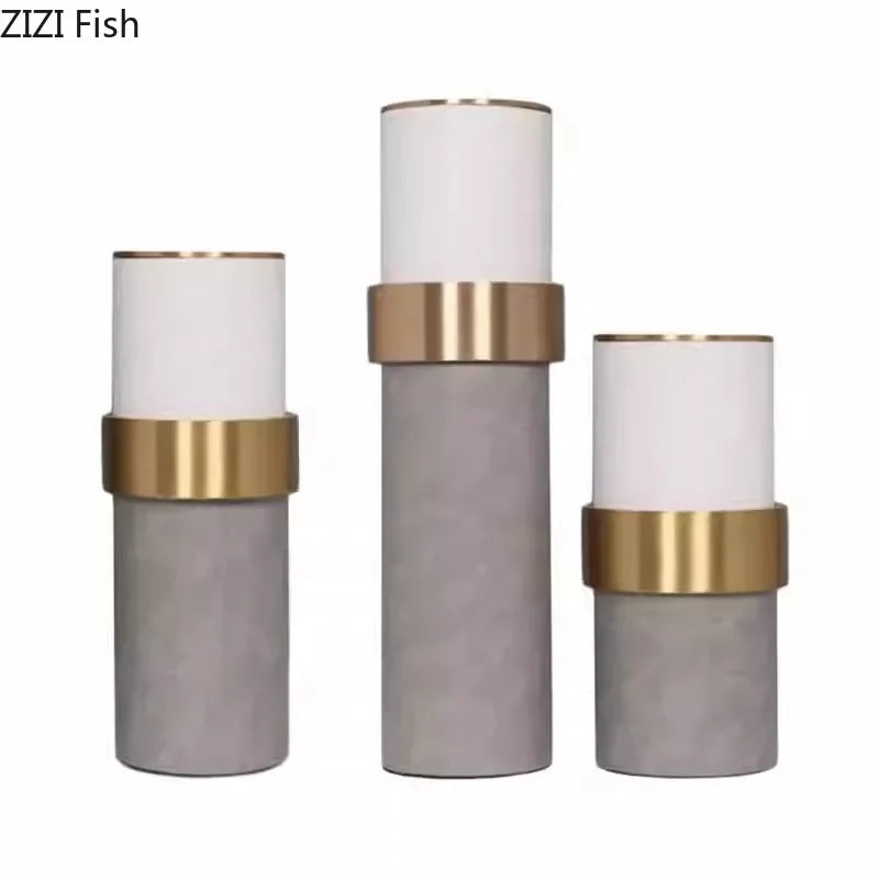 Afralia™ Gold Cylinder Vase Leather Desk Decor Artificial Flower Arrangement