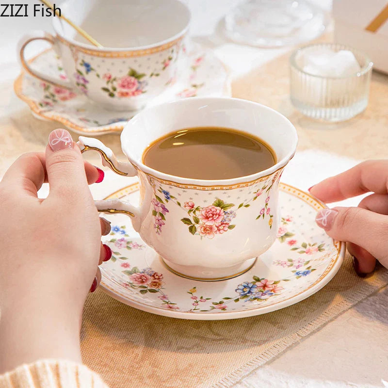 Afralia™ Ceramic Cup & Saucer Set, Gold-Plated Edge, Flower Pattern, Tea & Coffee Mug