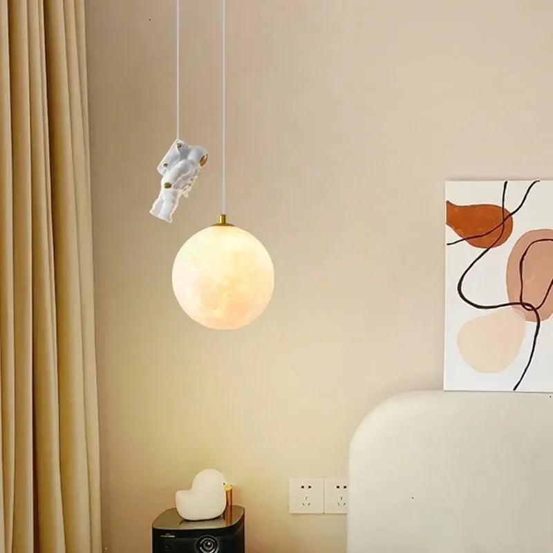 Afralia™ Astronaut Moon LED Pendant Light for Children's Room, Nordic Iron Design.