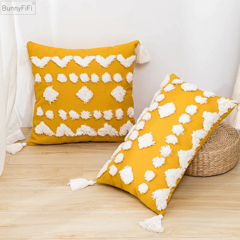 Afralia™ Boho Style Tufted Tassels Yellow Cushion Cover for Home Decor