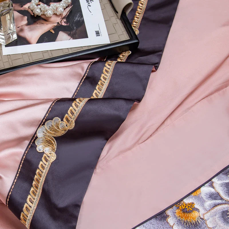 Afralia™ Pink Purple Embroidery European Palace Bedding Set - 9Pcs Premium Egyptian Cotton
