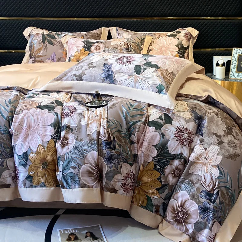 Afralia™ Floral Print 600TC Cotton Bedding Duvet Set with Sheets & Pillowcases